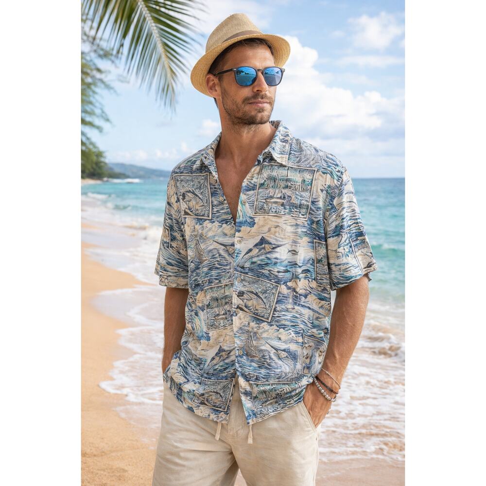 Reyn Spooner Art of Eddy Y Nautical Print Button‑Up Shirt XXL Fishing Hawaiian